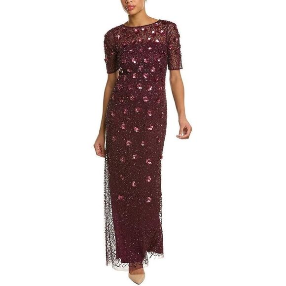 Adrianna Papell Sz 6 Floral 3D Sequin Ball Gown Maroon Sparkle High Slit Formal - Picture 8 of 16